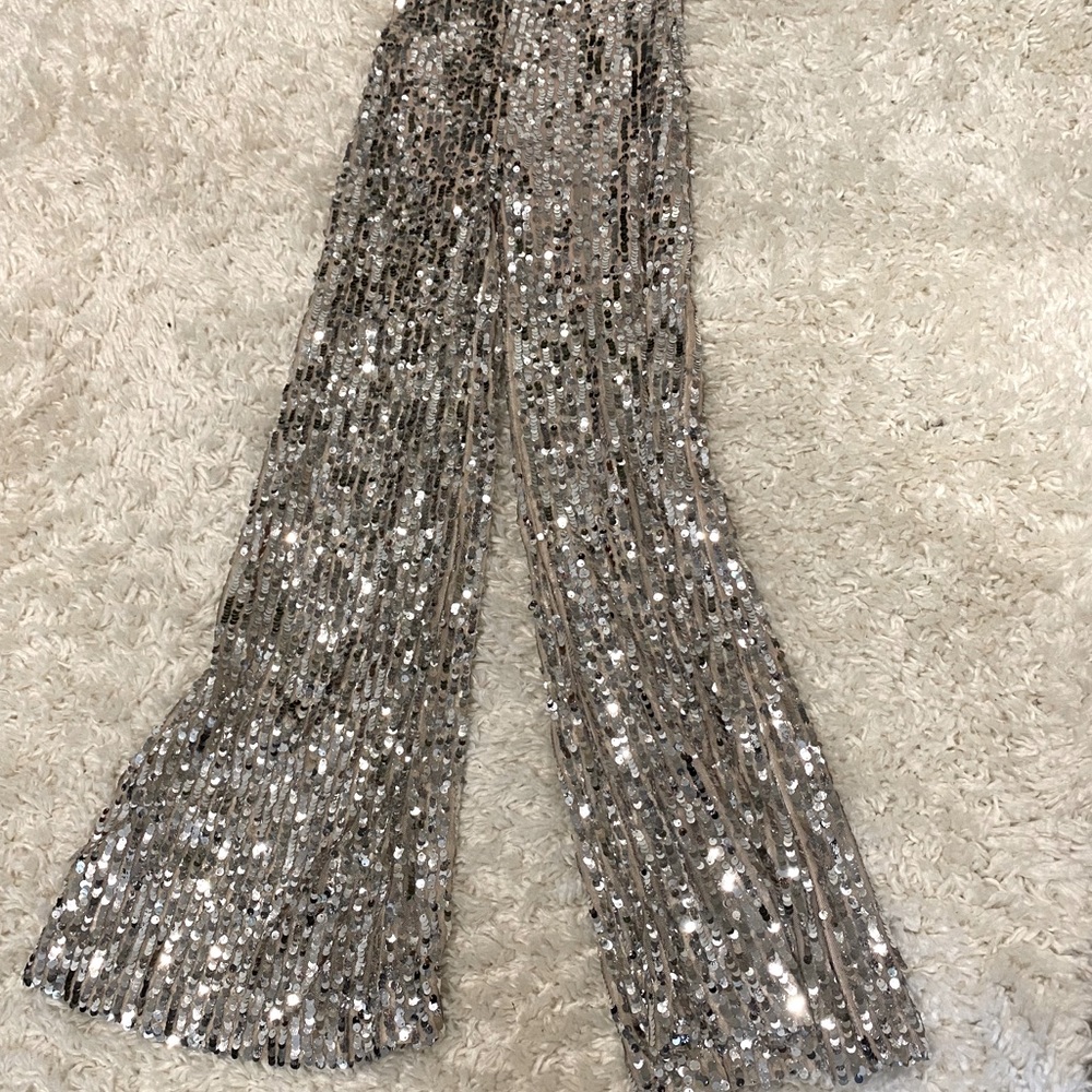 ZARA Silver Sequin and Nude flare pants